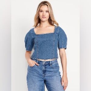 Old Navy Blue Denim Puff Sleeve Crop Top